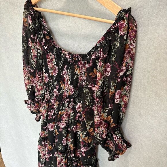 Altar'd State Women's M Black Floral Smocked Tiered Mini Dress Puff Sleeves - Picture 5 of 7
